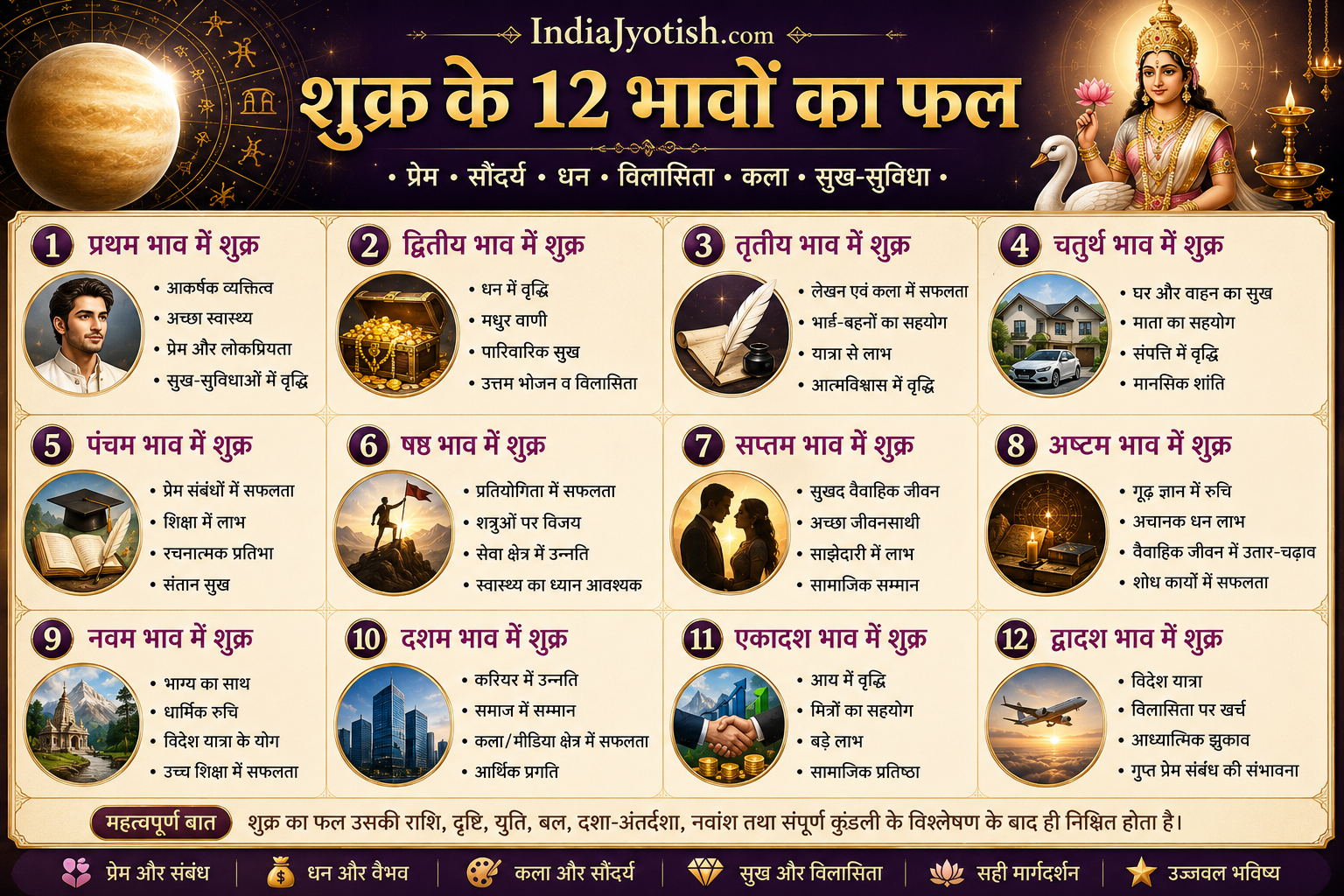 शुक्र के 12 भावों का फल: